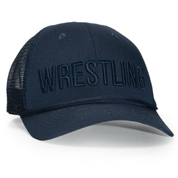 Navy blue cap with 'WRESTLING' text on a white background
