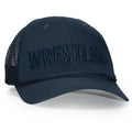 Navy blue cap with 'WRESTLING' text on a white background