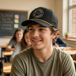 Young man wearing a wrestling cap in a classroom setting with classmates in the background