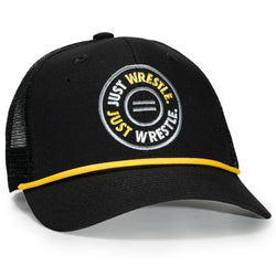 Black cap with yellow and white text wrestling on a white background