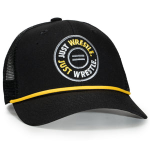 Black cap with yellow and white text wrestling on a white background