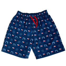 Navy blue swim shorts with a pattern of wrestlers and flags on a white background