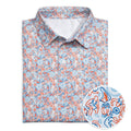 Folded polo shirt with a colorful wrestling pattern on a white background