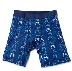 Flay lay of blue wrestling compression shorts with wrestler pattern.