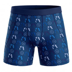 Blue shorts with a wrestling pattern on a white background