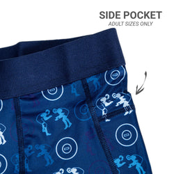 Blue wrestling shorts with side pocket feature and text indicating adult sizes only.