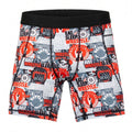 Wrestling-themed spandex shorts with red, black, and gray design on a white background
