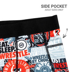 Wrestling-themed shorts with side pocket and text on a white background