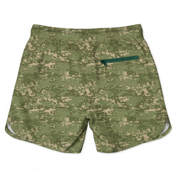 Digital camouflage shorts on a white background