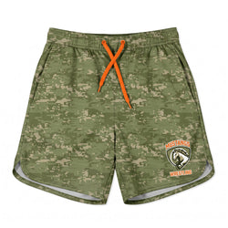 Green camouflage shorts with orange drawstrings and Mustangs Wrestling logo on a white background