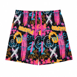 A pair of black athletic shorts featuring a vibrant graffiti-style graphic print with pink, orange, yellow, and blue paint strokes, white chalk-style wrestlers, and the word 'WRESTLE' repeated across the front.