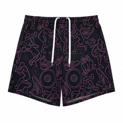 Black shorts with a pink line-art pattern of wrestling, sneakers, and circular mat motifs, featuring a white drawstring.
