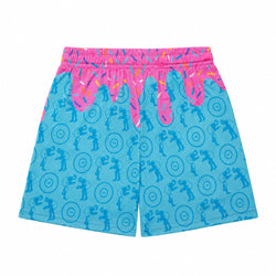 Light blue shorts with a repeating blue silhouette pattern of wrestlers, featuring a bright pink waistband with colorful sprinkles and a dripping pink frosting design.