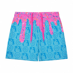 Bright blue and pink shorts featuring a repeating blue silhouette pattern of wrestlers and mat pattern with a pink dripping frosting design and matching pink drawstrings on a white background.
