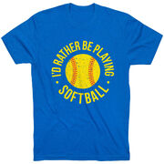 Softball T-Shirt Short Sleeve - I'd Rather Be Playing Softball Distressed [Youth Medium/Royal] - SS