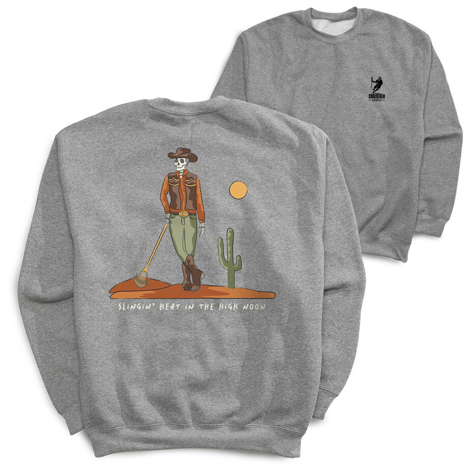 Guys Lacrosse Crewneck Sweatshirt - Slingin Heat In The High Noon (Back Design)
