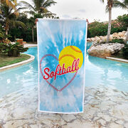Softball Premium Beach Towel - Softball Heart Tie-Dye