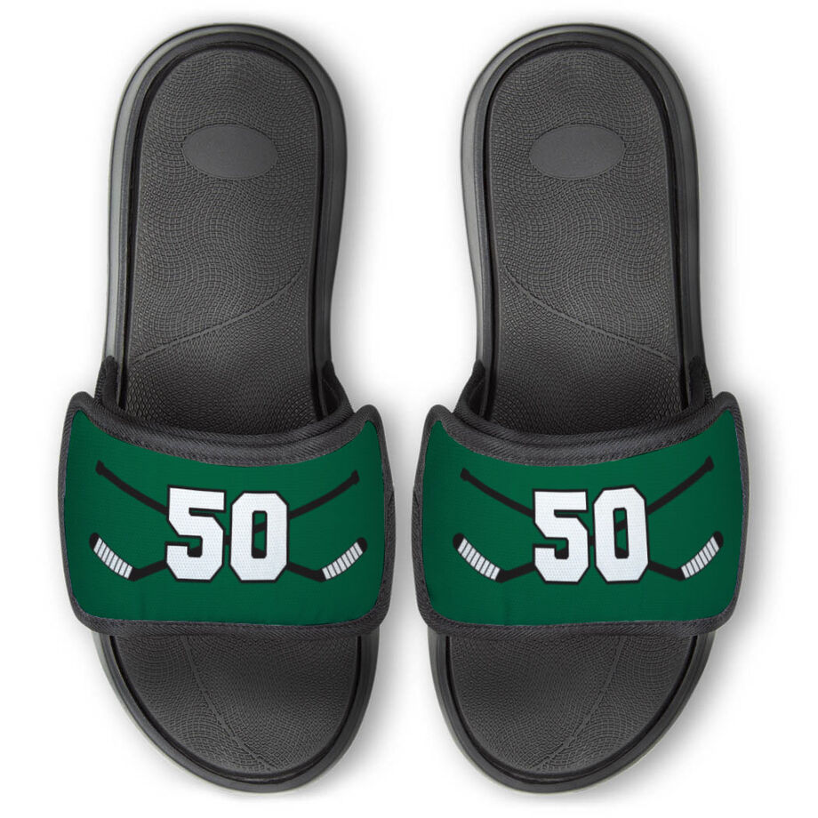 Hockey Repwell&reg; Slide Sandals - Hockey Crossed Sticks with Number - Personalization Image