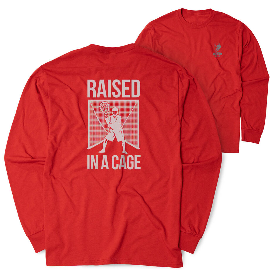 Guys Lacrosse Tshirt Long Sleeve - Raised In a Cage (Back Design)