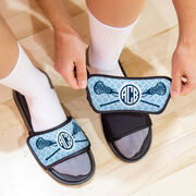 Girls Lacrosse Repwell&reg; Slide Sandals - Personalized Monogram Sticks with Quatrefoil Pattern