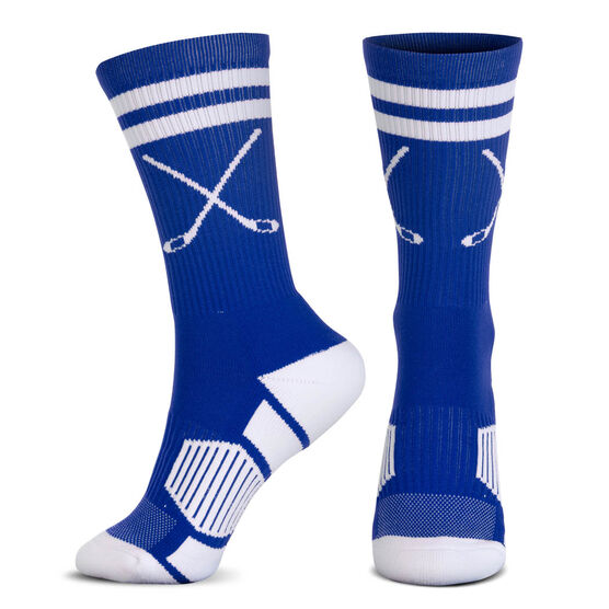 Hockey Woven Mid-Calf Socks - Classic Stripe Crossed Sticks (Royal/White)