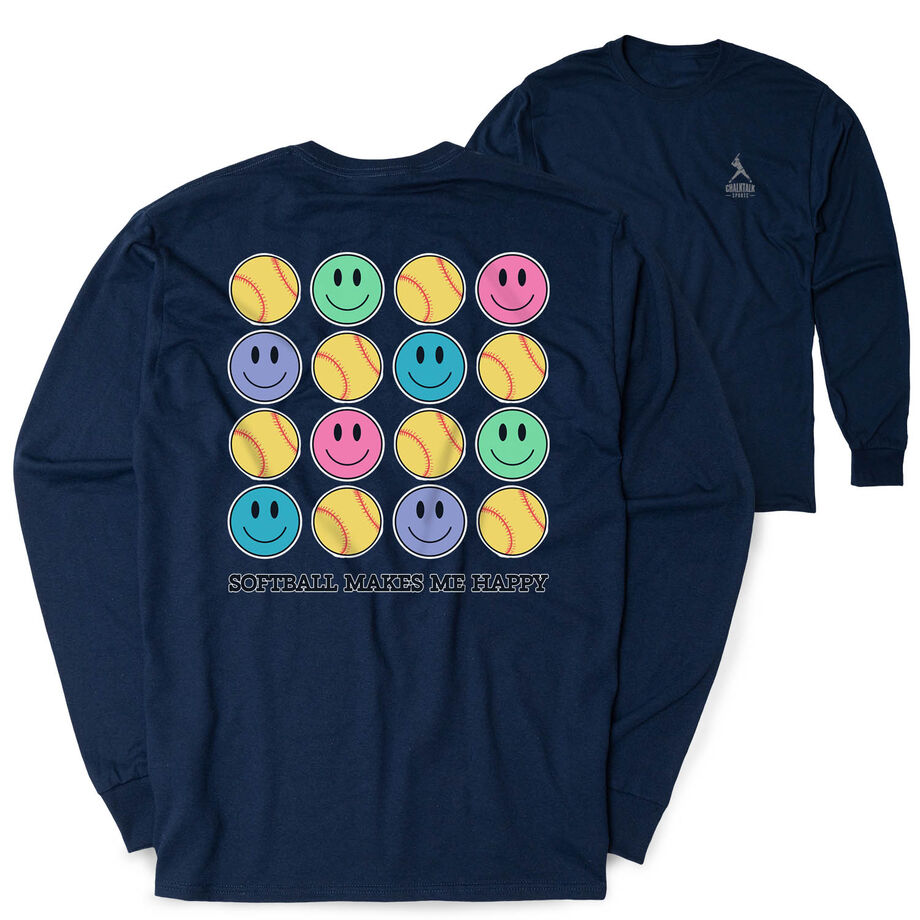 Softball Tshirt Long Sleeve - Softball Makes Me Happy (Back Design)