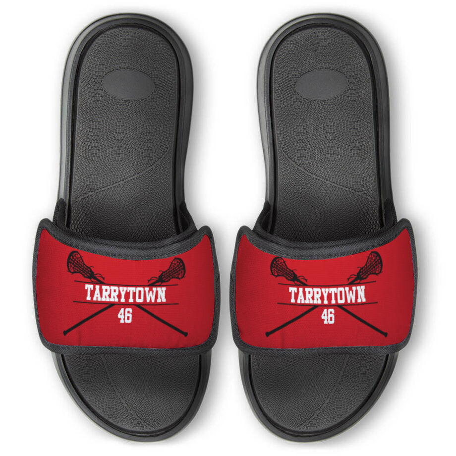 Girls Lacrosse Repwell&reg; Slide Sandals - Personalized Crossed Sticks - Personalization Image