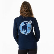 Girls Lacrosse Tshirt Long Sleeve - Watercolor Lacrosse Dog With Girl Stick (Back Design)
