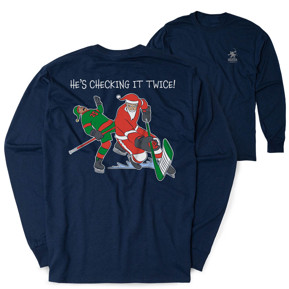 Hockey Tshirt Long Sleeve - He's Checking It Twice (Back Design) 