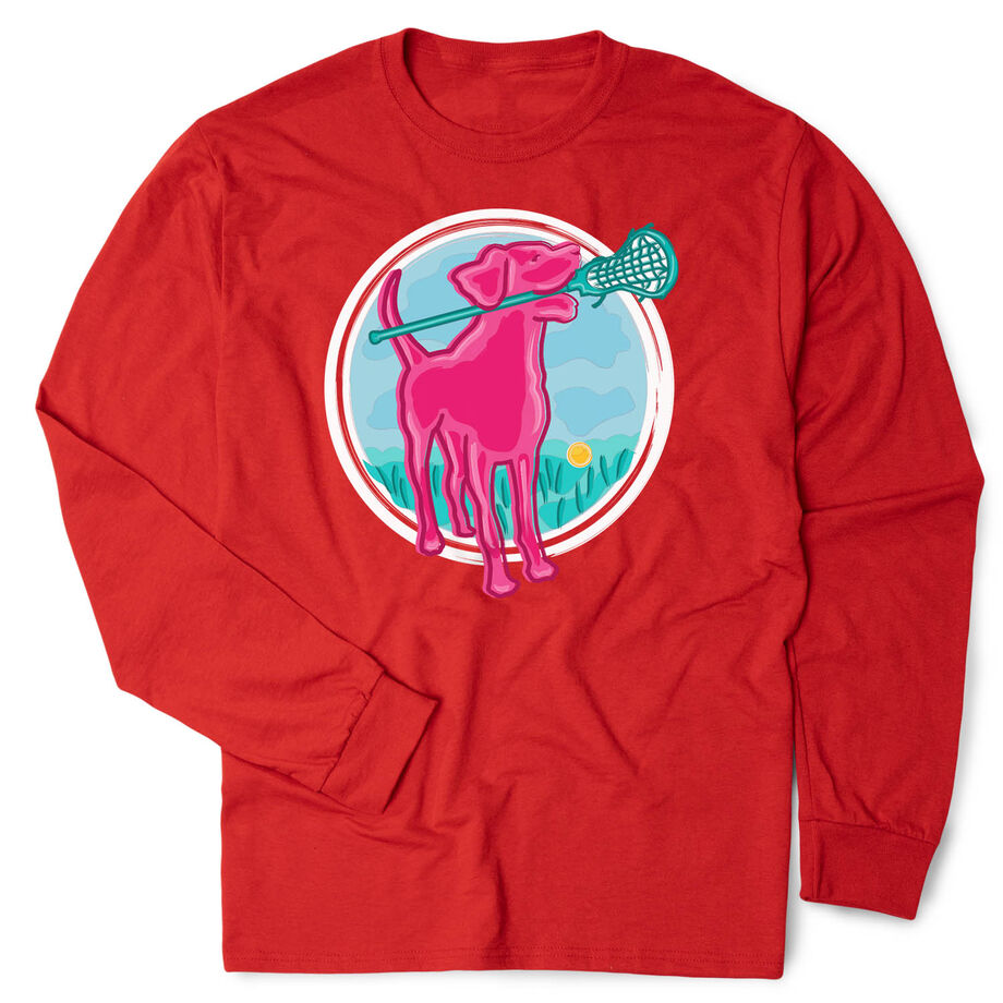 Girls Lacrosse Tshirt Long Sleeve - Lacrosse Dog with Girl Stick