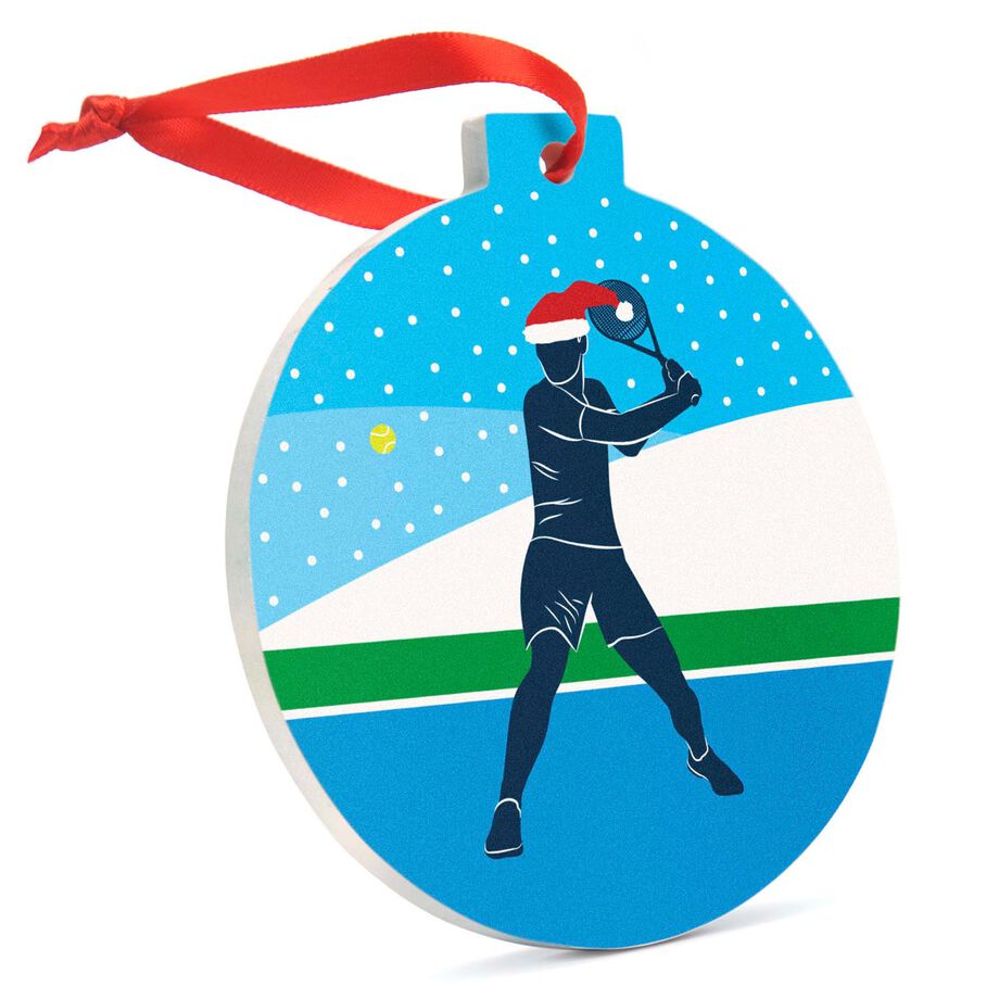 Tennis Round Ceramic Ornament - Guy Silhouette with Santa Hat