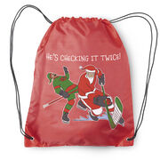 Hockey Drawstring Backpack - He's Checking It Twice