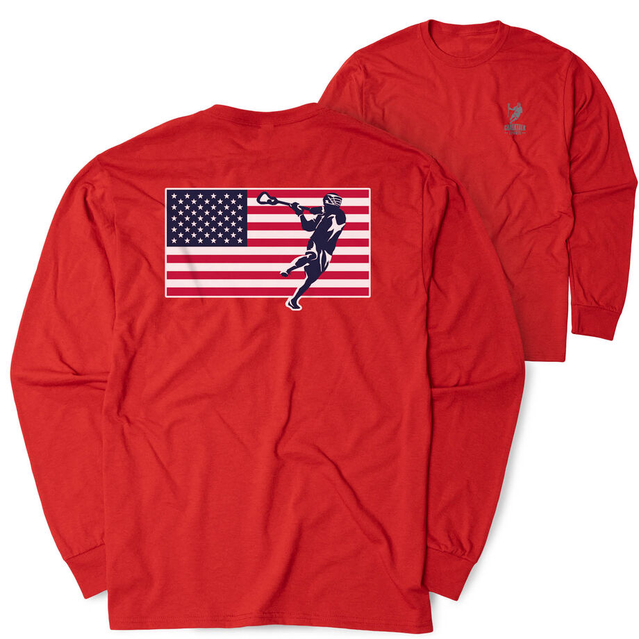 Guys Lacrosse Tshirt Long Sleeve - Patriotic Lacrosse (Back Design)
