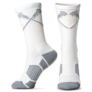 Girls Lacrosse Woven Mid-Calf Socks - Crossed Sticks - White/Gray