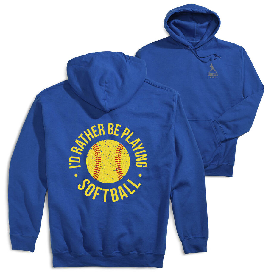 Softball Hooded Sweatshirt - I'd Rather Be Playing Softball Distressed (Back Design)