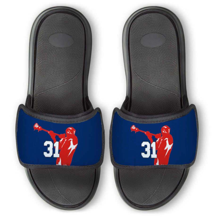 Guys Lacrosse Repwell&reg; Slide Sandals - Lax Jumpshot with Number - Personalization Image