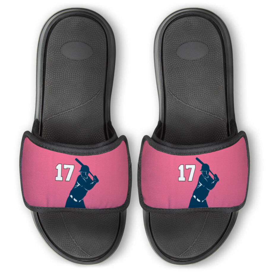 Softball Repwell&reg; Slide Sandals - Batter Silhouette with Number - Personalization Image