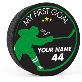 Personalized My First Goal Player Silhouette Hockey Puck