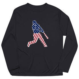 Baseball Long Sleeve Performance Tee - Baseball Stars and Stripes Player [Youth Small/Black] - SS