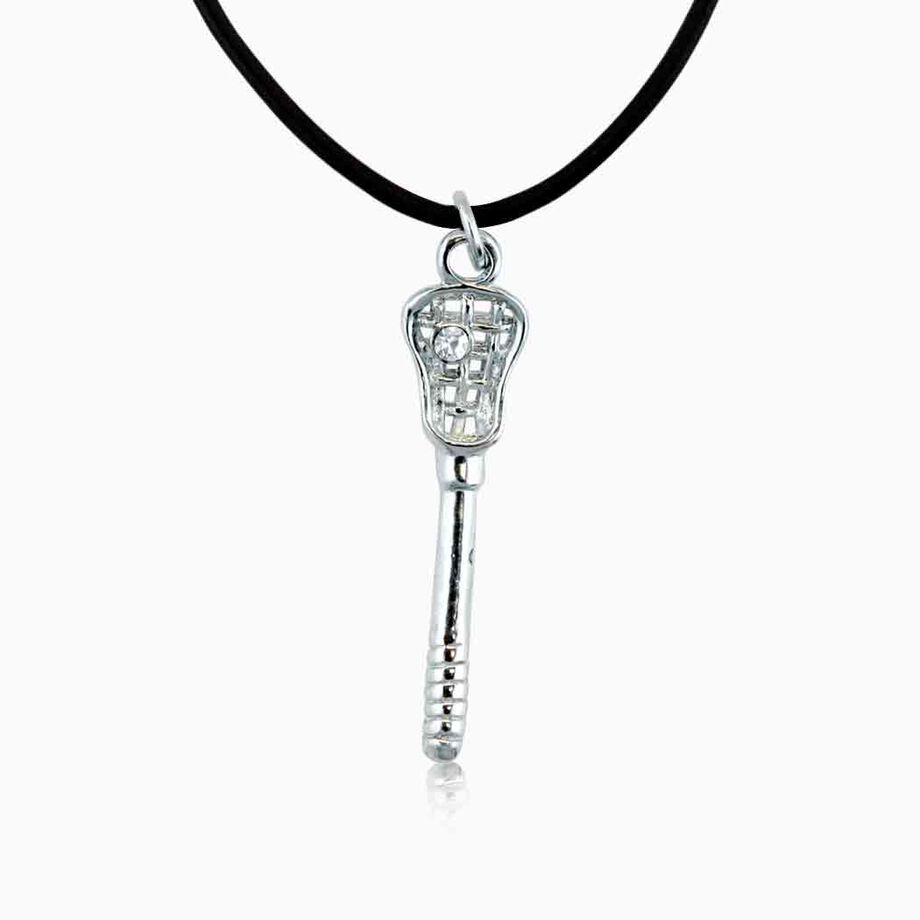Austrian Crystal Silver Lacrosse Stick Pendant Necklace with Cubic Zirconia