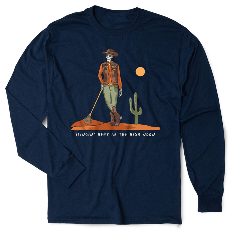 Guys Lacrosse Tshirt Long Sleeve - Slingin Heat In The High Noon