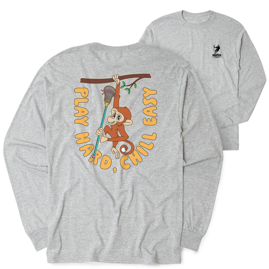Guys Lacrosse Tshirt Long Sleeve - Play Hard, Chill Easy (Back Design)