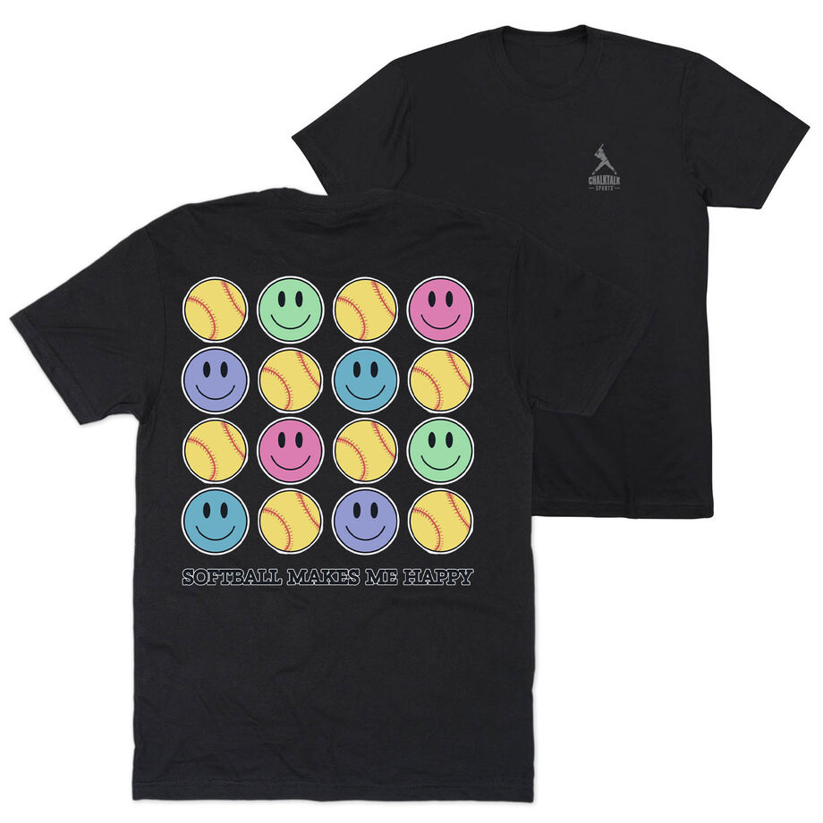 Softball Short Sleeve T-Shirt - Softball Makes Me Happy (Back Design)