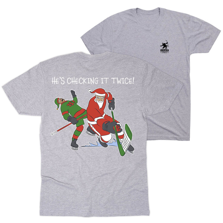 Hockey Short Sleeve T-Shirt - He's Checking It Twice (Back Design) 