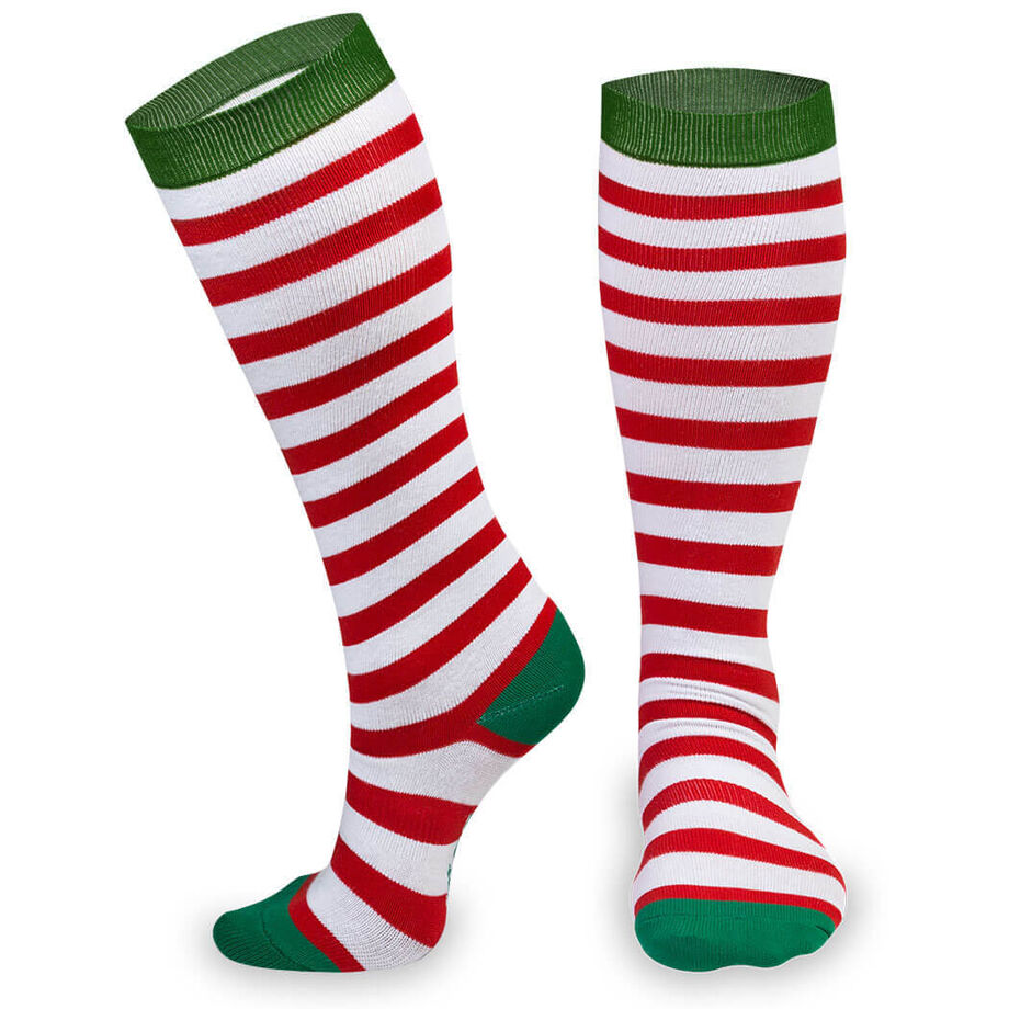 Woven Yakety YAK! Knee High Socks - Running Christmas Elf (Red & White Stripes/Green) | ChalkTalkSPORTS