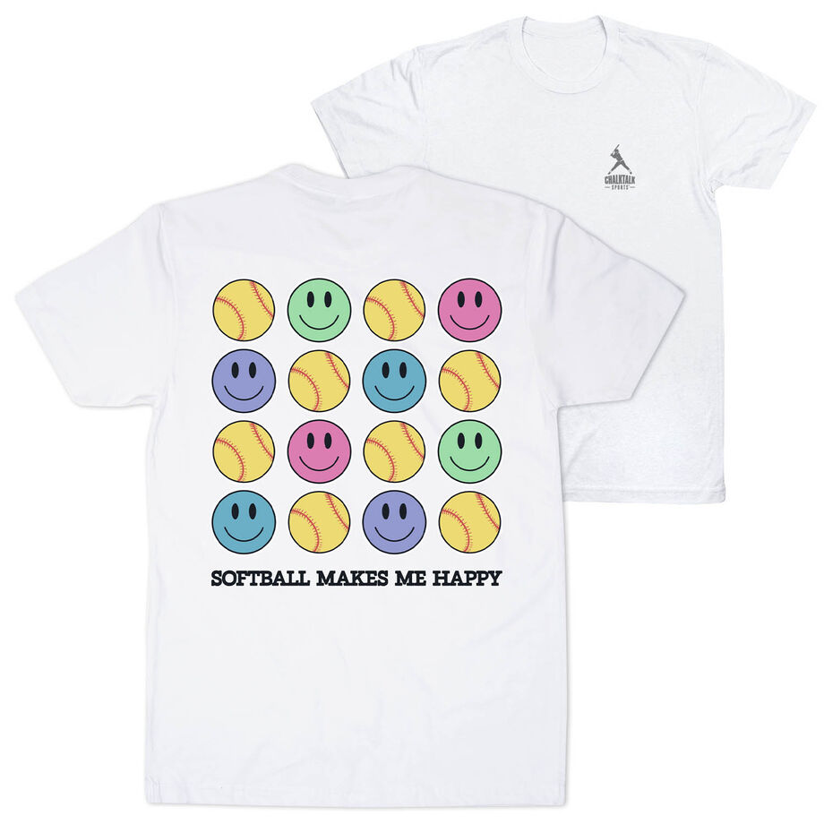Softball Short Sleeve T-Shirt - Softball Makes Me Happy (Back Design)