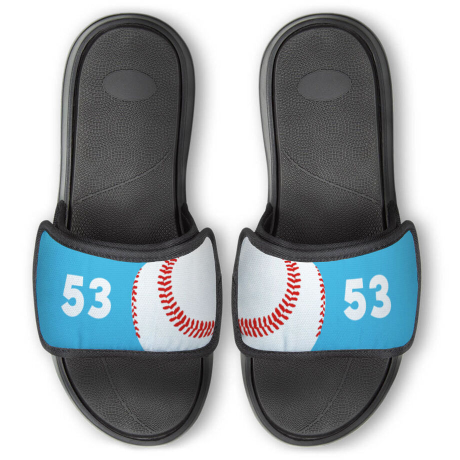 Baseball Repwell&reg; Slide Sandals - Ball and Number Reflected - Personalization Image