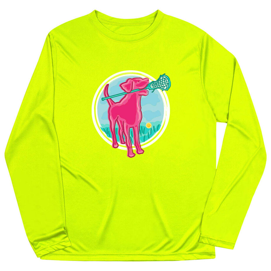 Girls Lacrosse Long Sleeve Performance Tee - Lacrosse Dog with Girl Stick