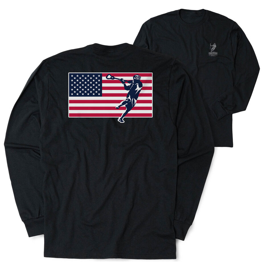 Guys Lacrosse Tshirt Long Sleeve - Patriotic Lacrosse (Back Design)