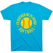 Softball T-Shirt Short Sleeve - I'd Rather Be Playing Softball Distressed [Youth Small/Turquoise] - SS